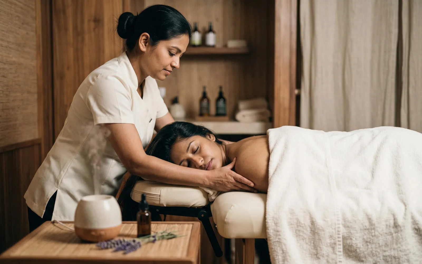 Therapist massaging a client beside an aroma diffuser, lavender and oil dropper