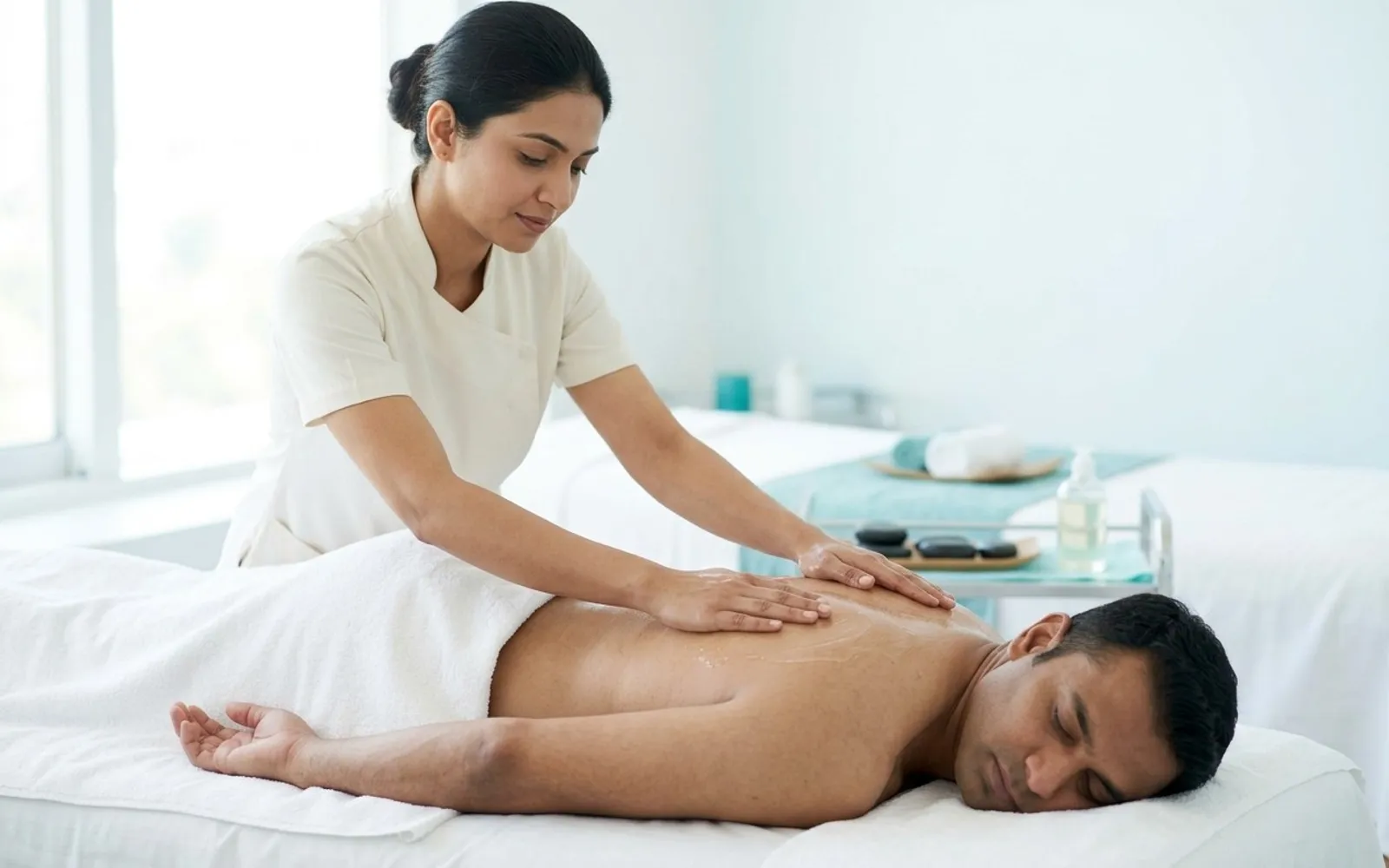 Therapist spreading oil across the back and neck of a client