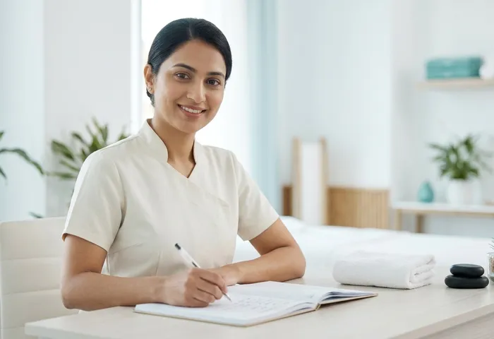 Spa host writing in an appointment book beside a folded towel and a dark stone