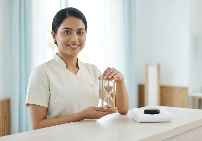 Spa host holding a small sand timer beside a folded towel and a dark stone