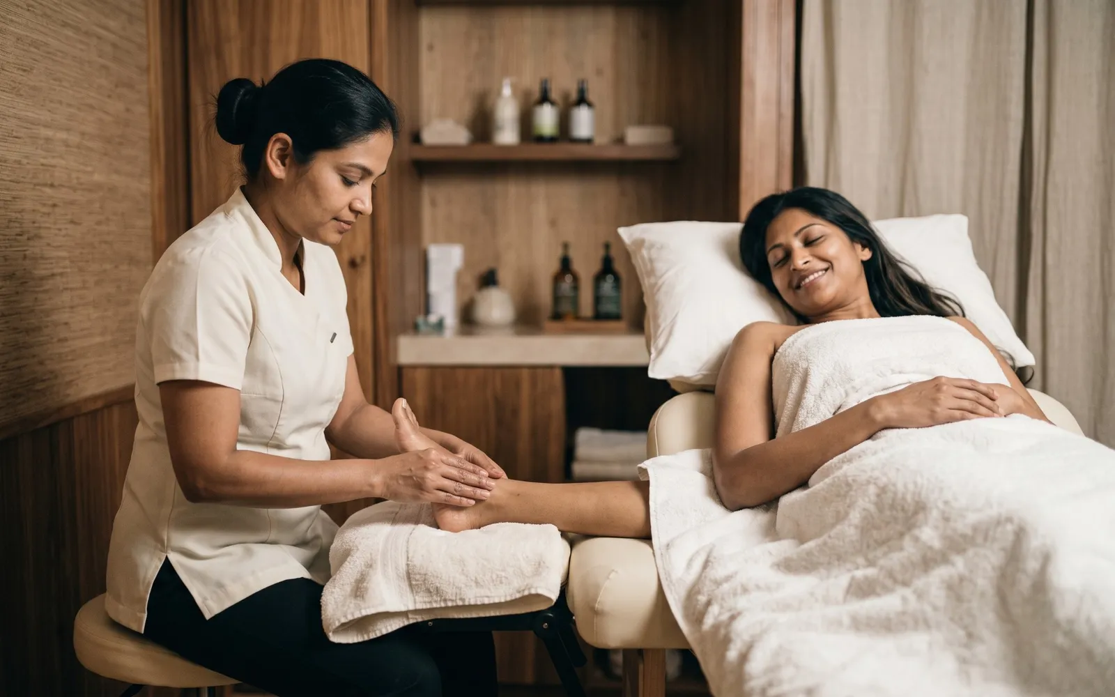 Massage therapist massaging the foot of a smiling, relaxed client