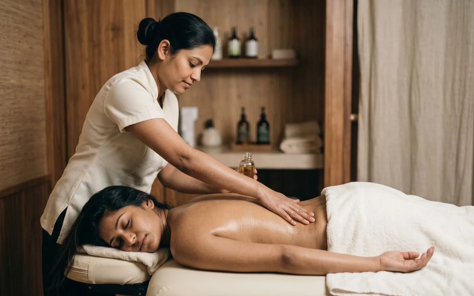 Massage therapist applying oil to the back of a client covered with a towel