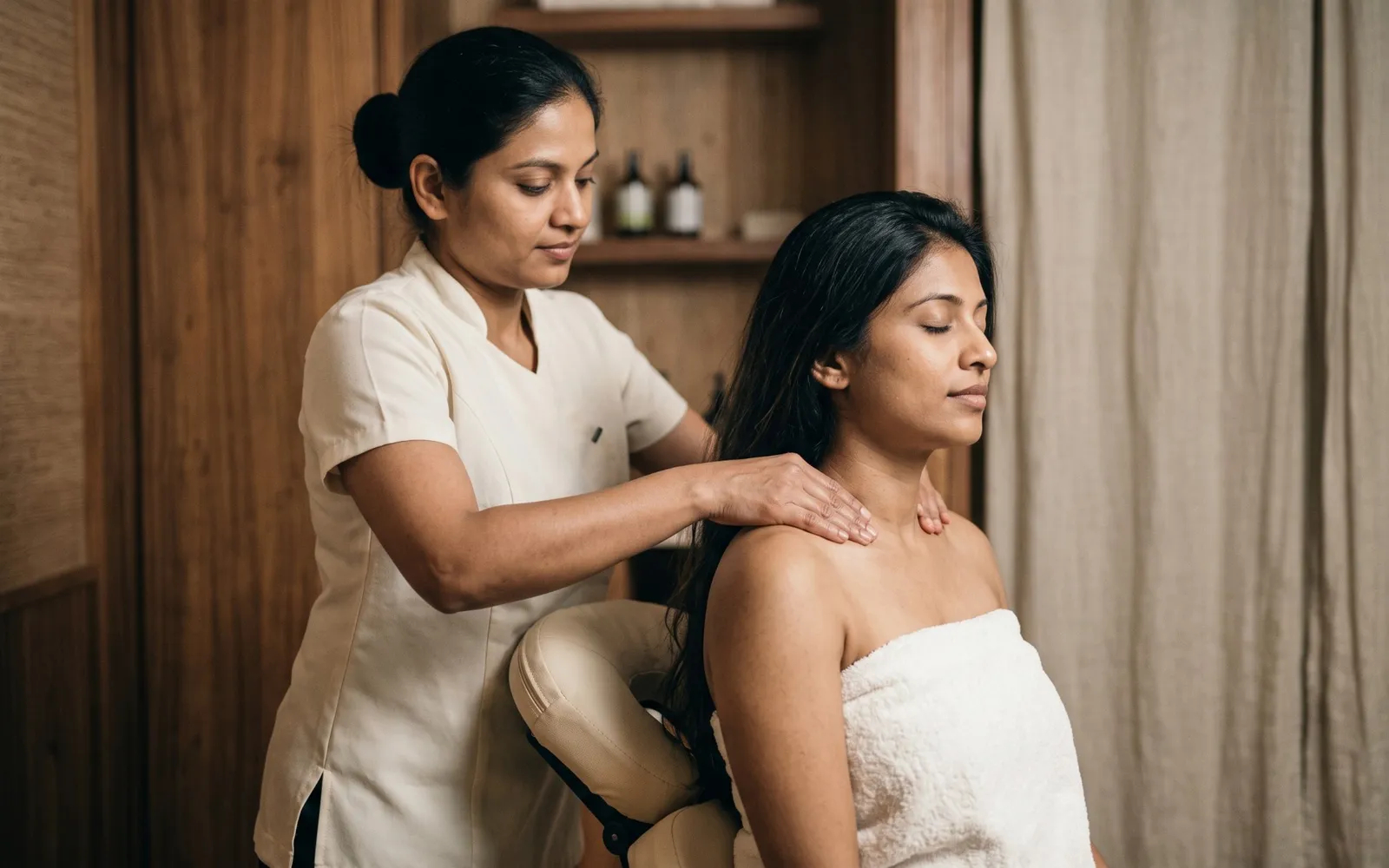 Massage therapist working on the shoulders of a seated client