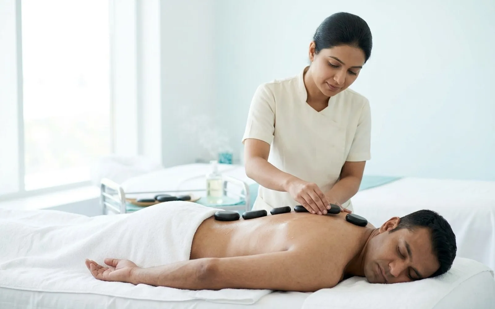 Therapist placing warm dark stones along the back of a client