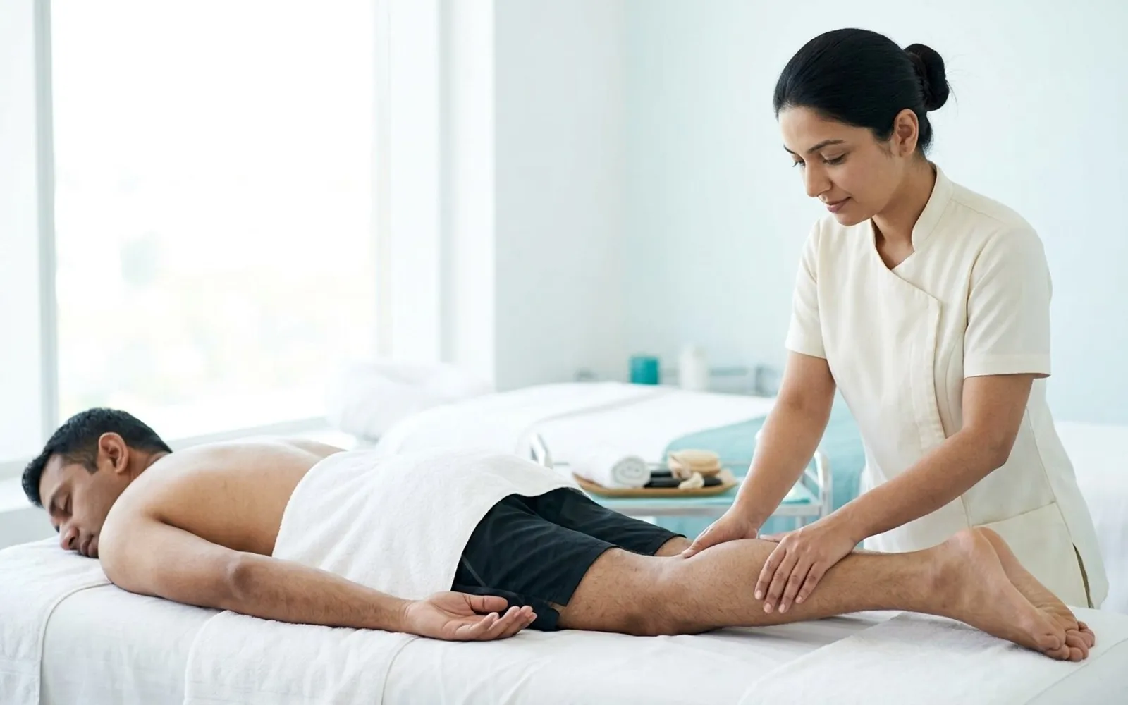 Therapist massaging the calf of a client lying face down in athletic shorts