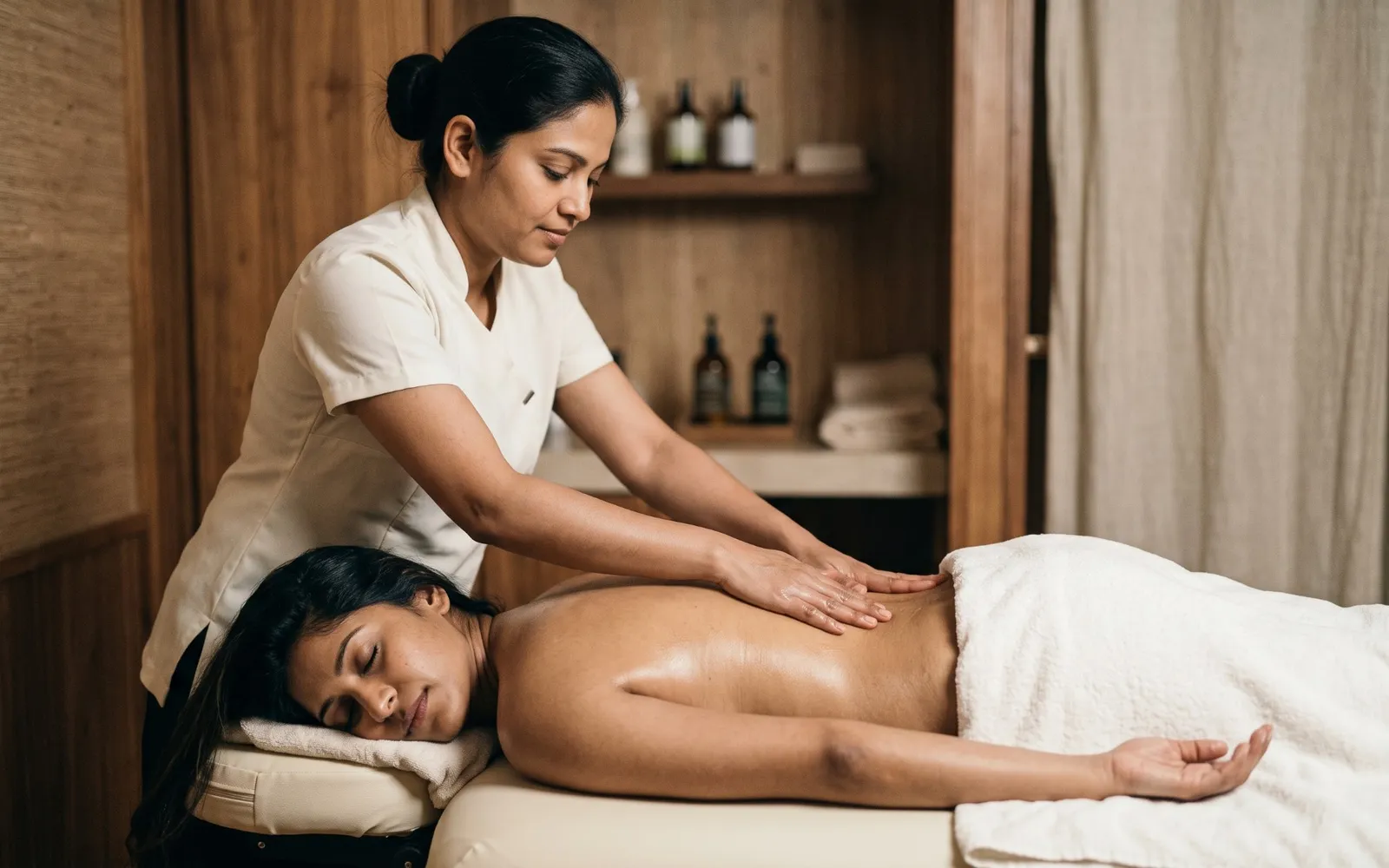 Massage therapist using long oil strokes along the back of a relaxed client