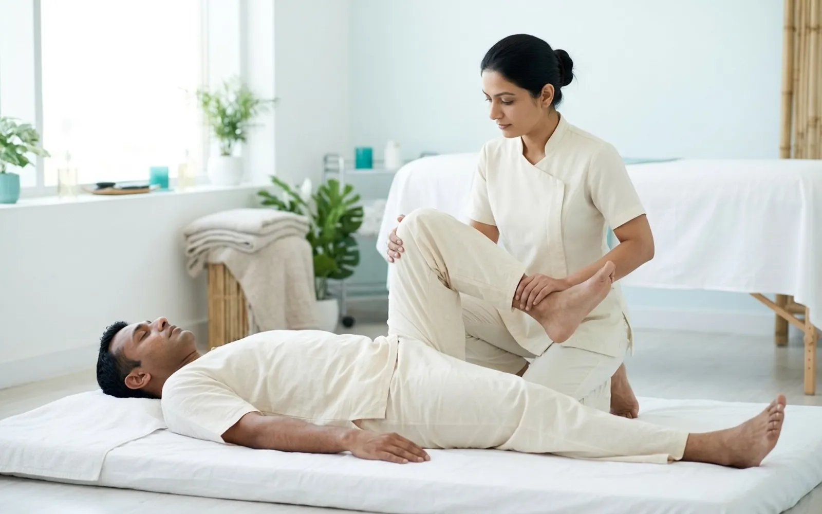 Therapist gently stretching the leg of a client lying on a mat in loose cotton clothes