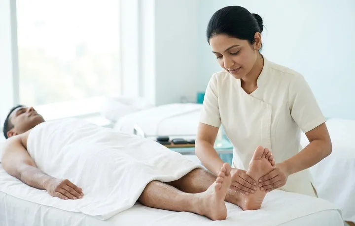 Therapist massaging the foot of a client resting under a towel